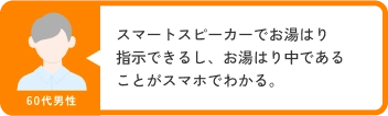 60代男性 スマートスピーカーでお湯はり指示できるし、お湯はり中であることがスマホでわかる。